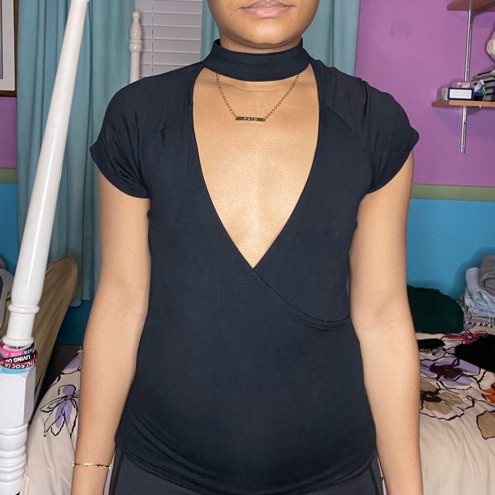 Black Faux Wrap Mock Neck Top